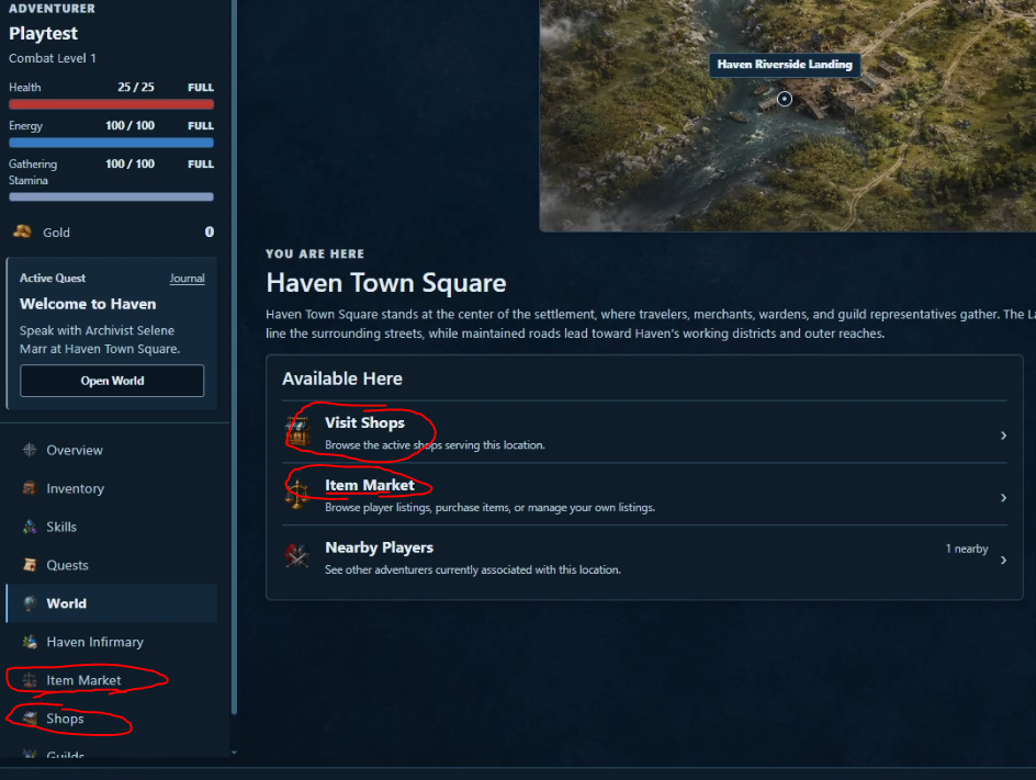 Figure 5. Shops and the item market appear both in the main navigation and under “Available Here”.