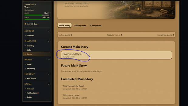 Figure 7. The quest is ready to turn in, but clicking it didn’t take me to the character.